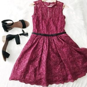 Maroon Lace Dress with a Black Bow Belt